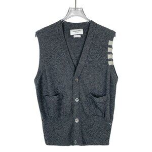 Thom Browne Gray Cashmere V-Neck Button-Down Vest With Pocket Detail & Signature